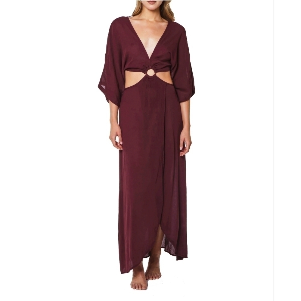SANCTUARY Cover-Up Maxi Dress Plunge V-Neck Three-Quarter Sleeve Draped Size S